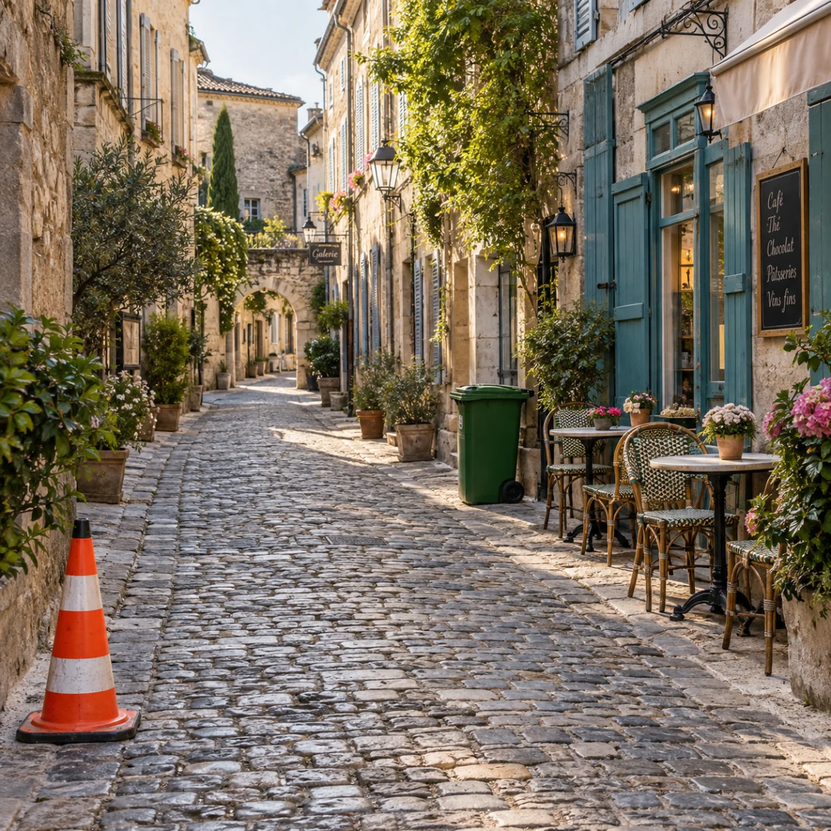 Object-removal comparison on a cobblestone street before