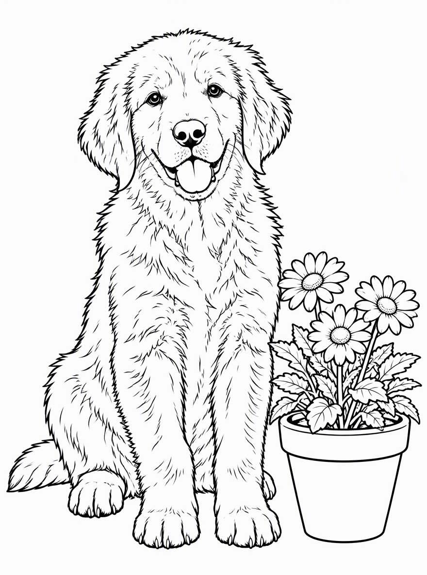 A puppy converted from a photograph into black-and-white coloring outlines