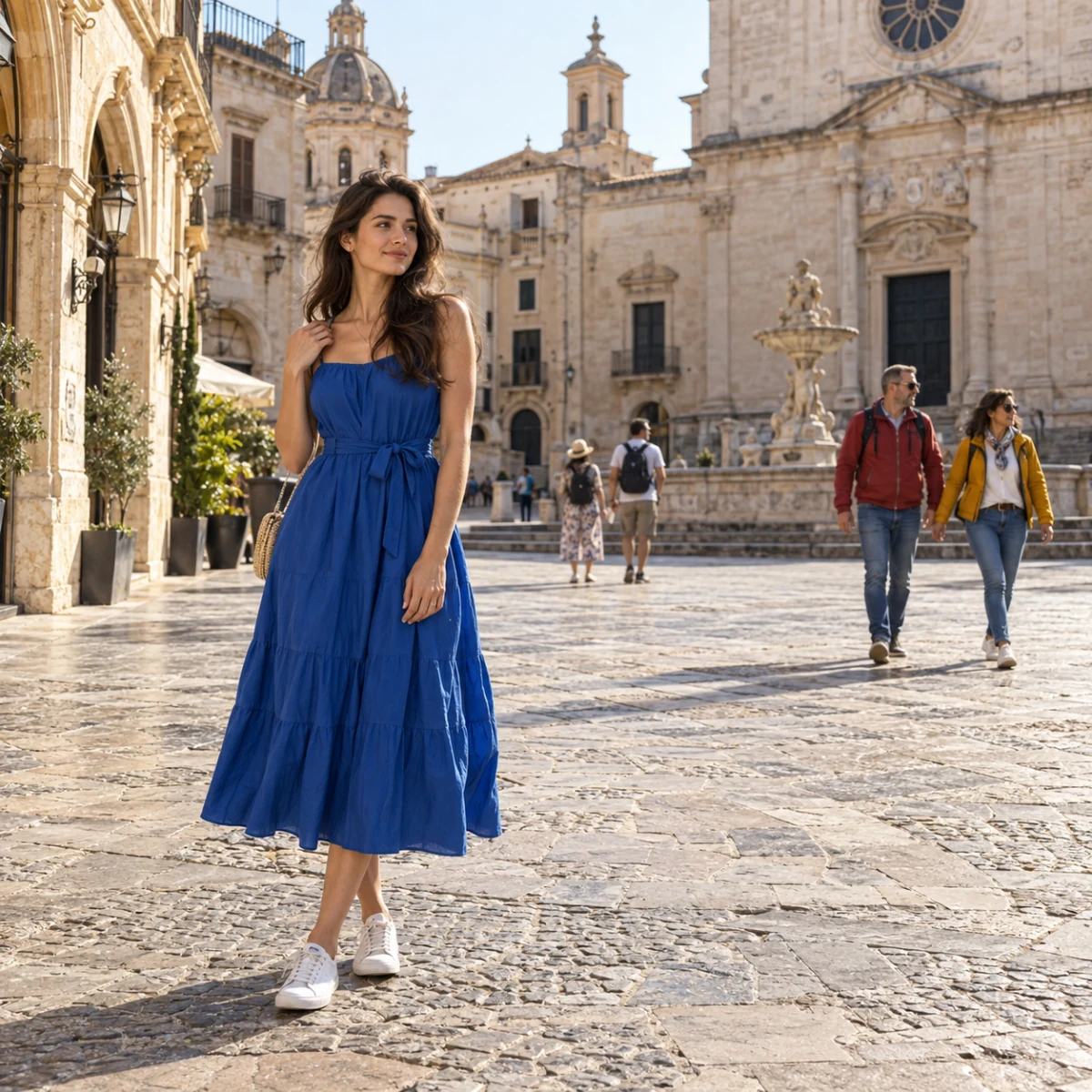 A woman in a blue dress with background tourists removed before
